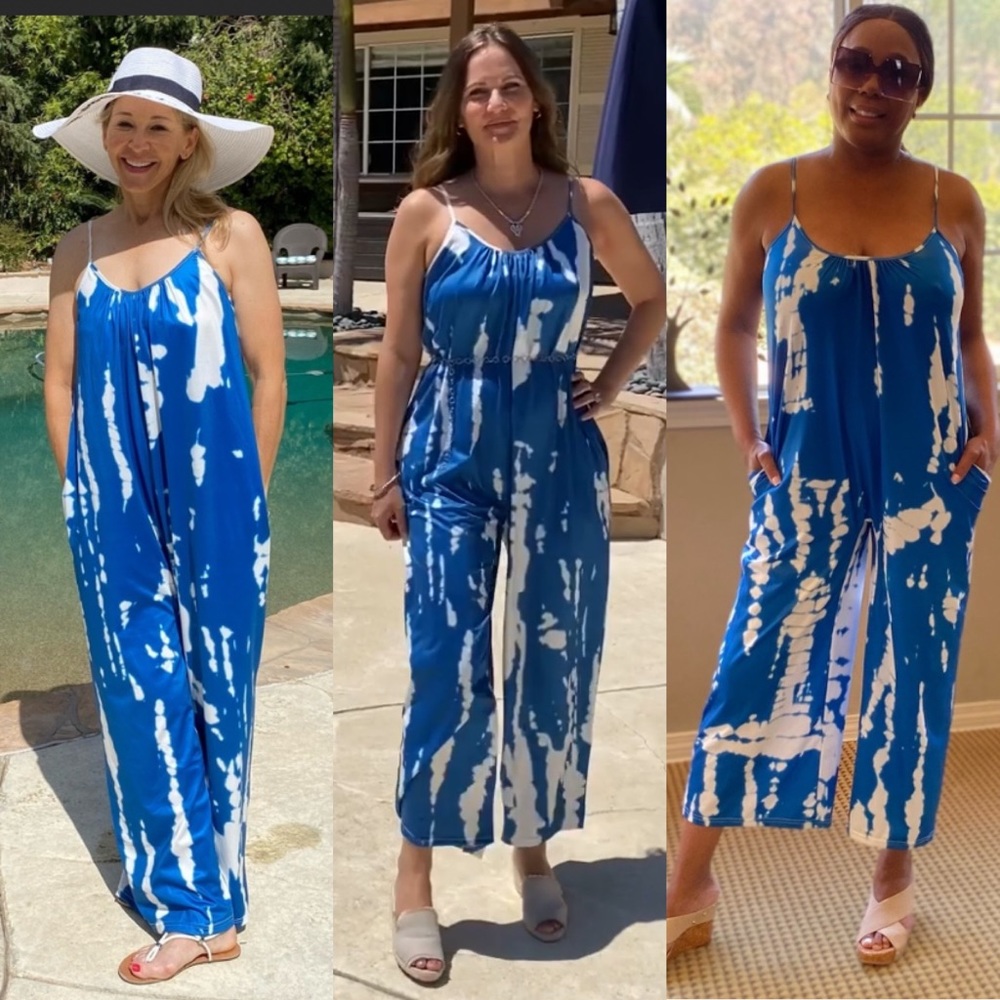 Pocketed Overalls Jumpsuit Romper Oversized Tie Dye Boho Jumpsuit Blue/Whi…